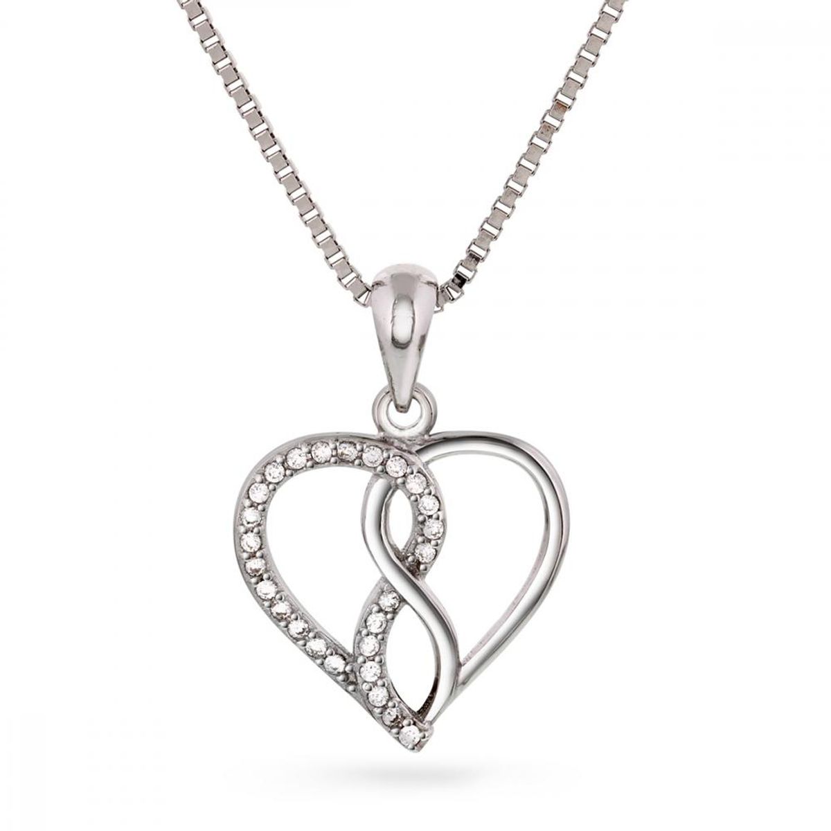 Hjerte smykke i rhodinert sølv med evighetstegn 