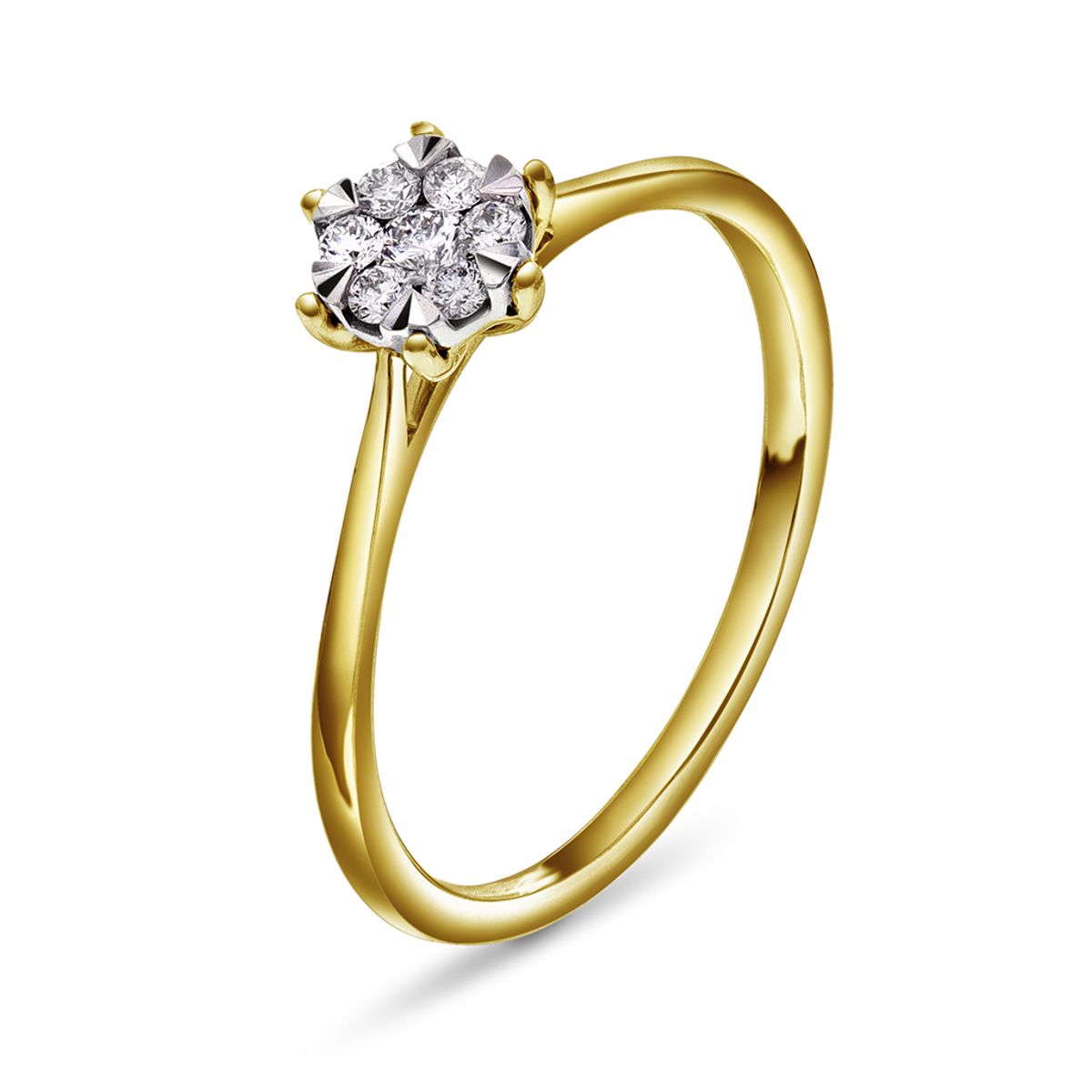 Ring i gult gull med diamanter illusjonsfatning 0,15ct