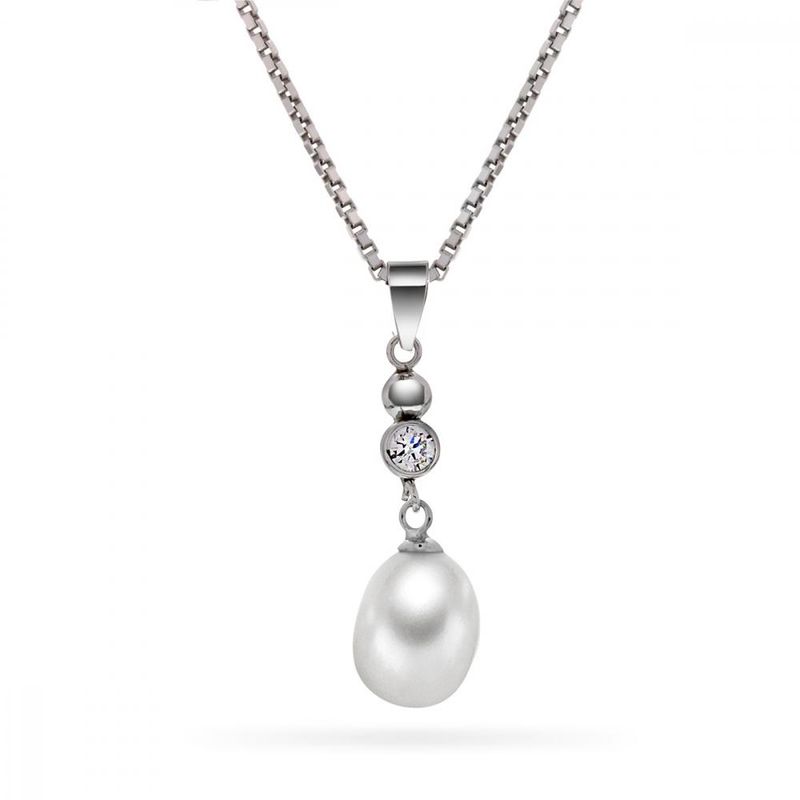 Anheng i hvitt gull med perle og zirkonia